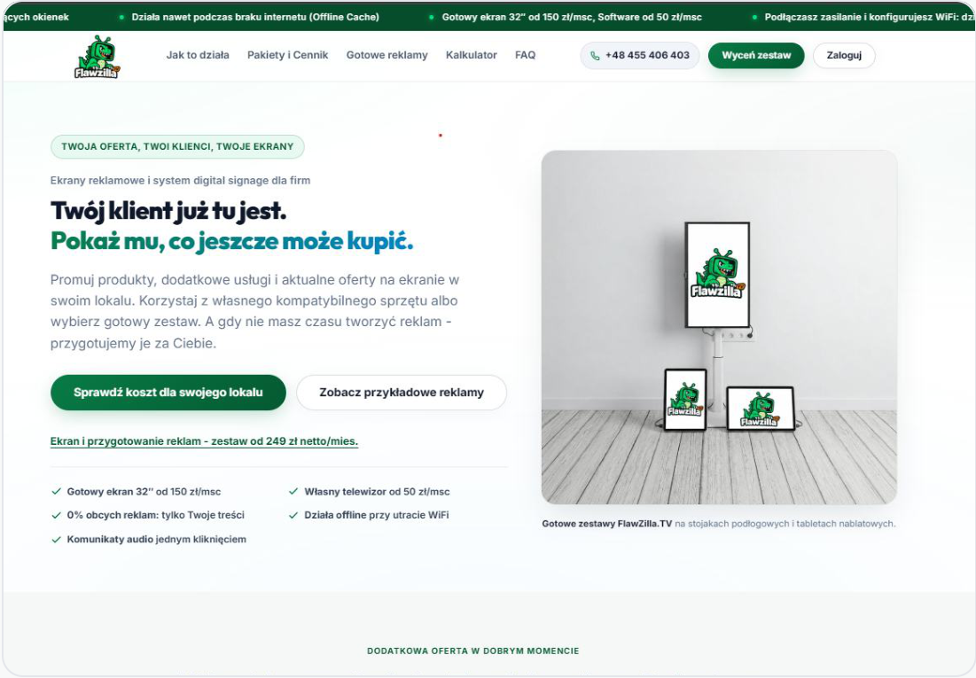Strona Flawzilla TV z zielonymi akcentami i prezentacją ekranów reklamowych