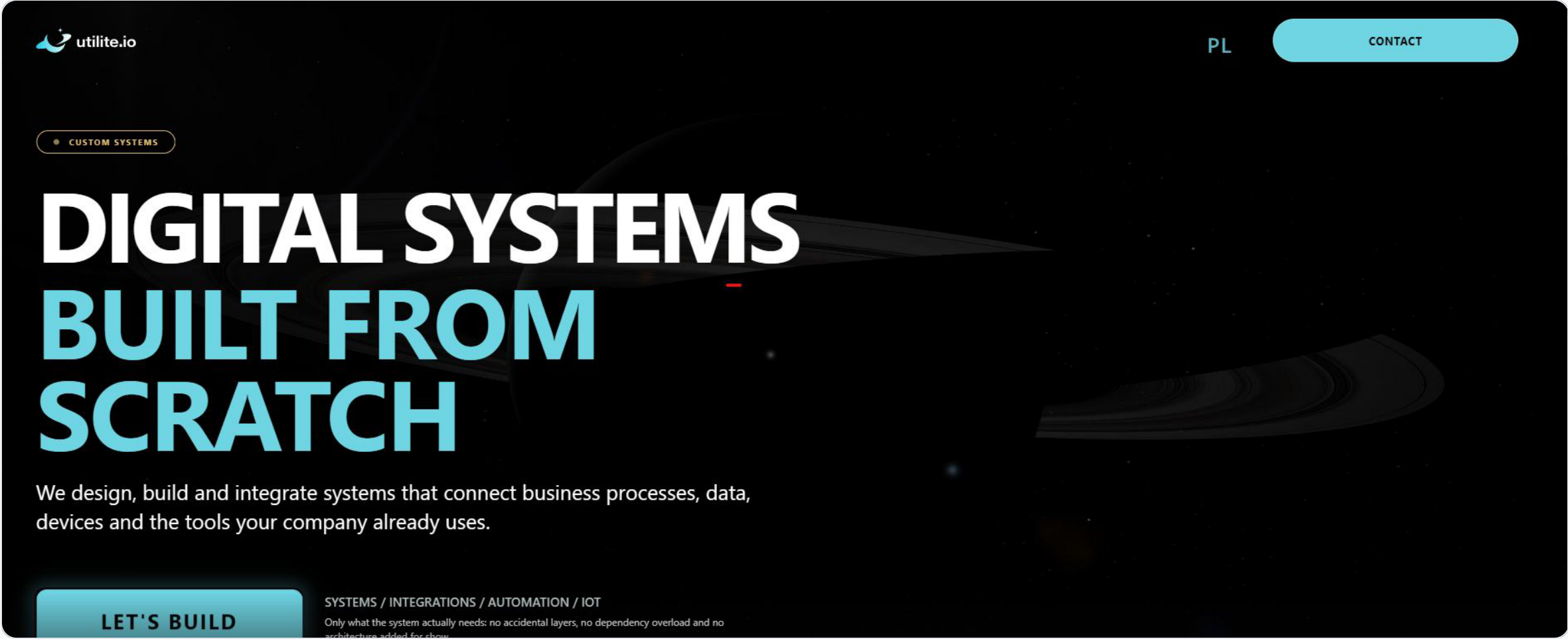Strona utilite.io z turkusowym napisem Digital systems built from scratch na czarnym tle